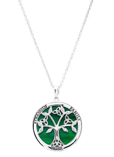 White background cut out shot of Sterling Silver Malachite Tree of Life Disc Pendant